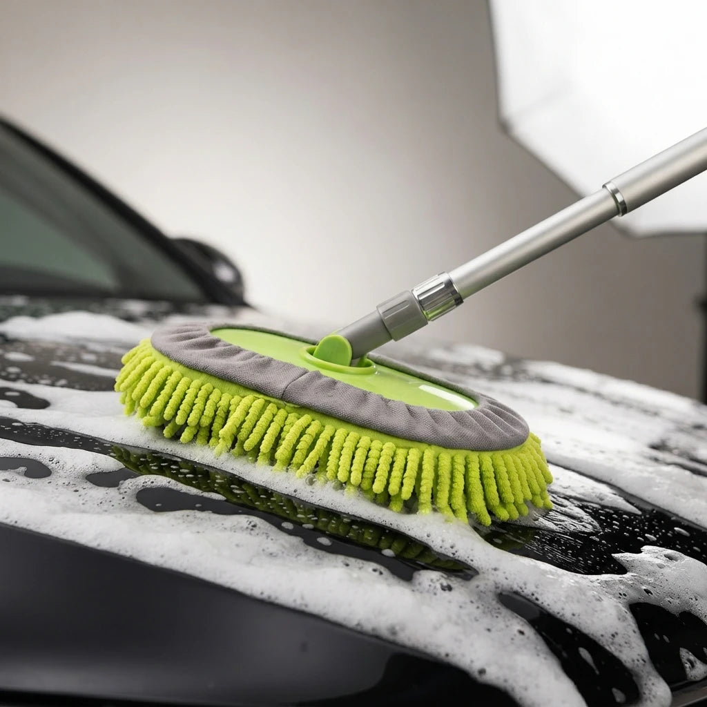 Brosse Nettoyage Voiture Télescopique 2-en-1 – Gant Microfibre Amovible, Manche Extensible